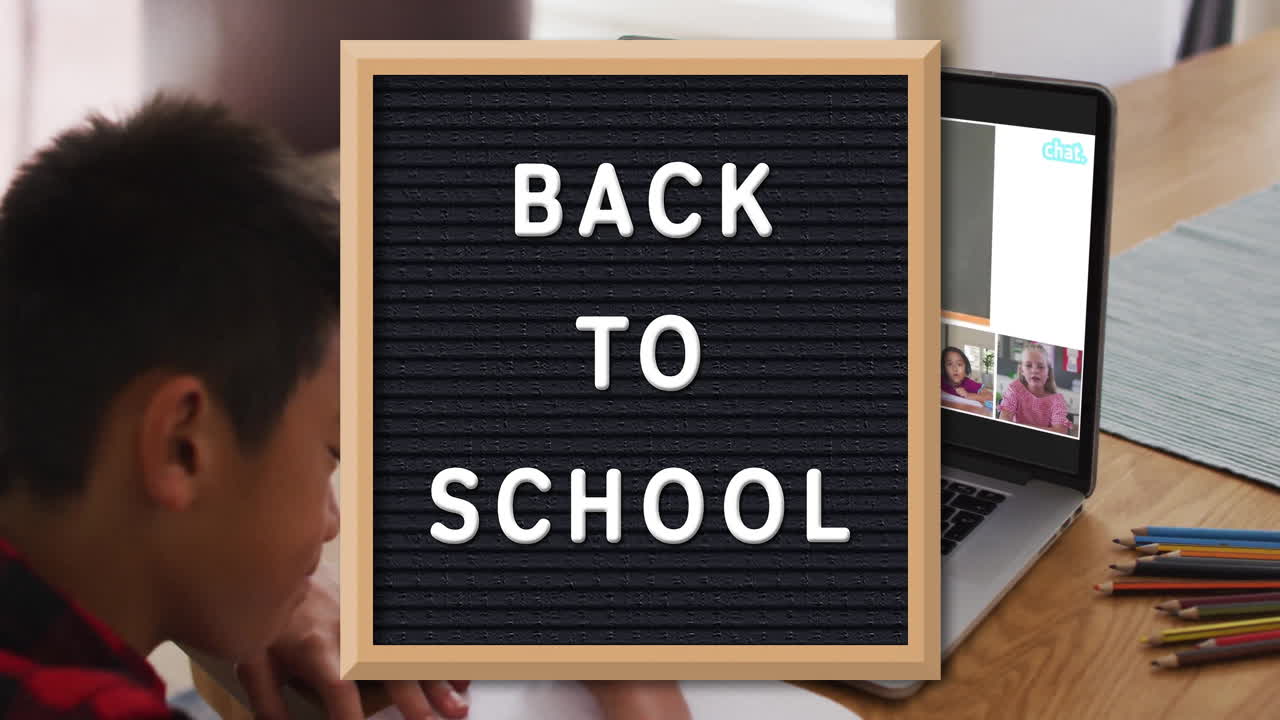 Animation of BACK TO SCHOOL on letter board, children on video call at home