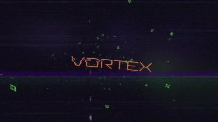 Formas verdes à deriva correndo para dentro em um vazio com falhas, formando o texto VORTEX que se quebra em um fluxo branco