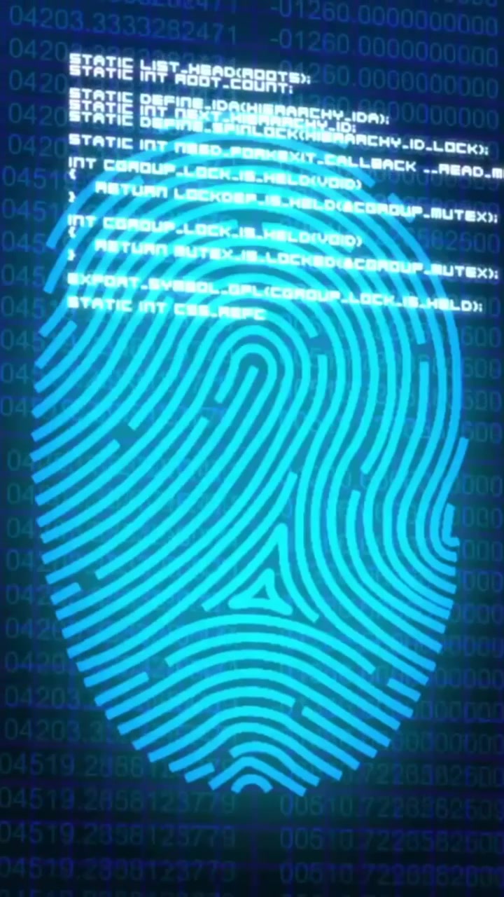 Animation of biometric fingerprint scan over processing data on dark interface screen