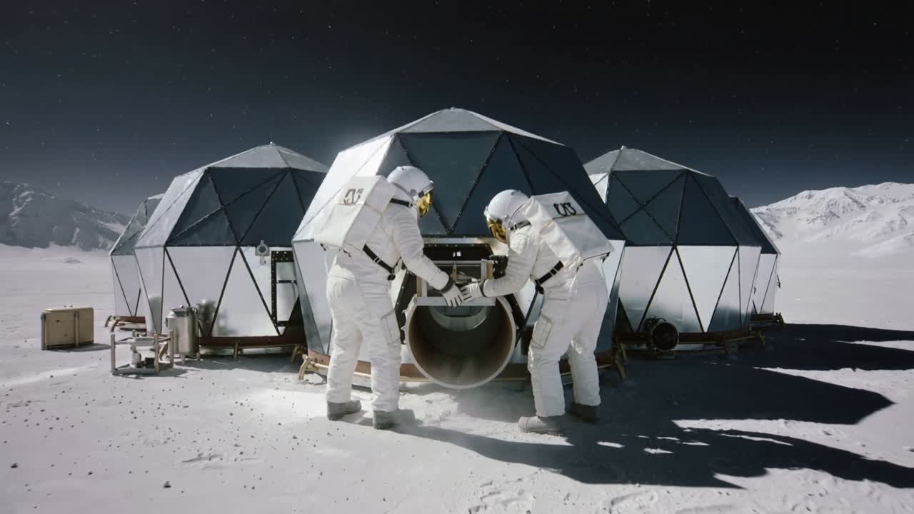 クレートが置かれたドームの外で、ハッチに促された宇宙服姿の乗組員が、シリンダーをクレードルに滑り込ませている。