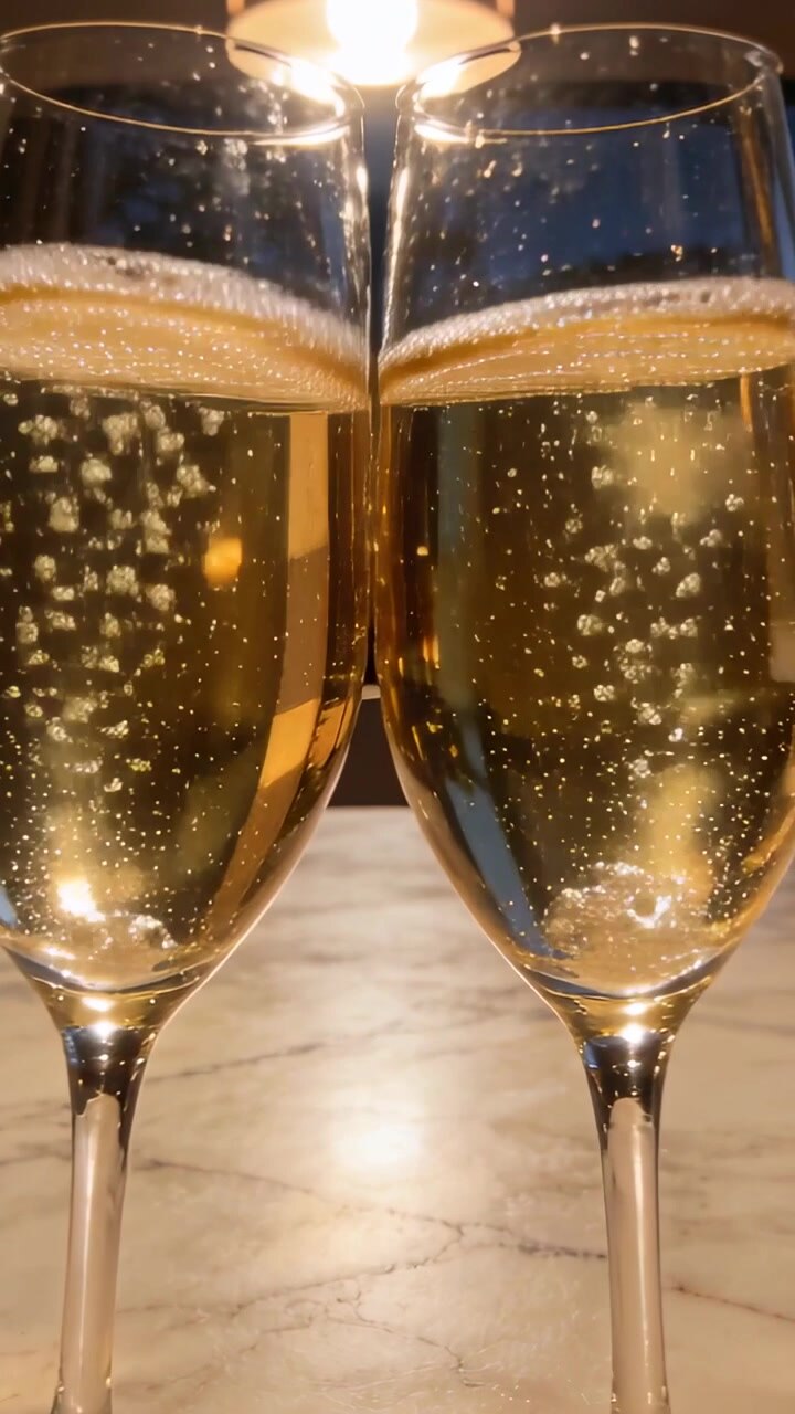 Video verticale: La telecamera si avvicina a due flûte di champagne che frizzano su un tavolo di marmo, mostrando il bagliore di una lampada.