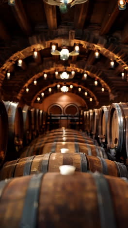 exploring a rustic wine cellar with wooden barrels at sunset. discover a charming wine cellar filled with wooden barrels under warm glowing lights