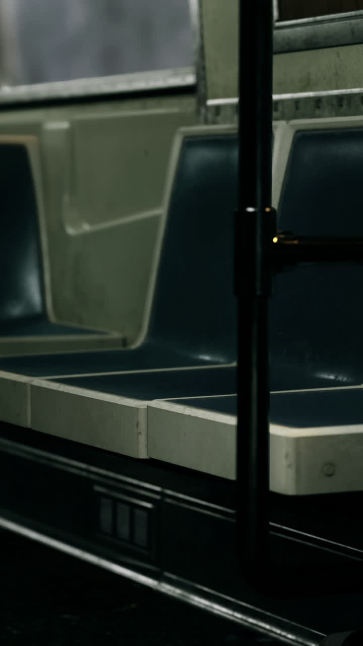Empty subway car with dim lighting during late night hours