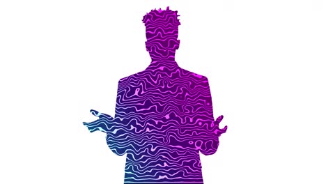 Animation-of-silhouette-of-businessman-talking-with-light-trails-on-white-background