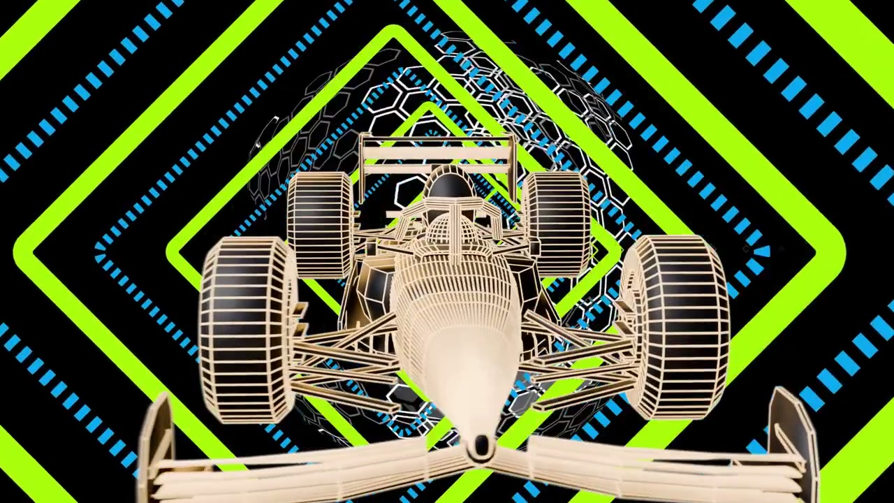 Neon diamonds and rings rotating, 3D wireframe car approaching, zooming close, showing suspension