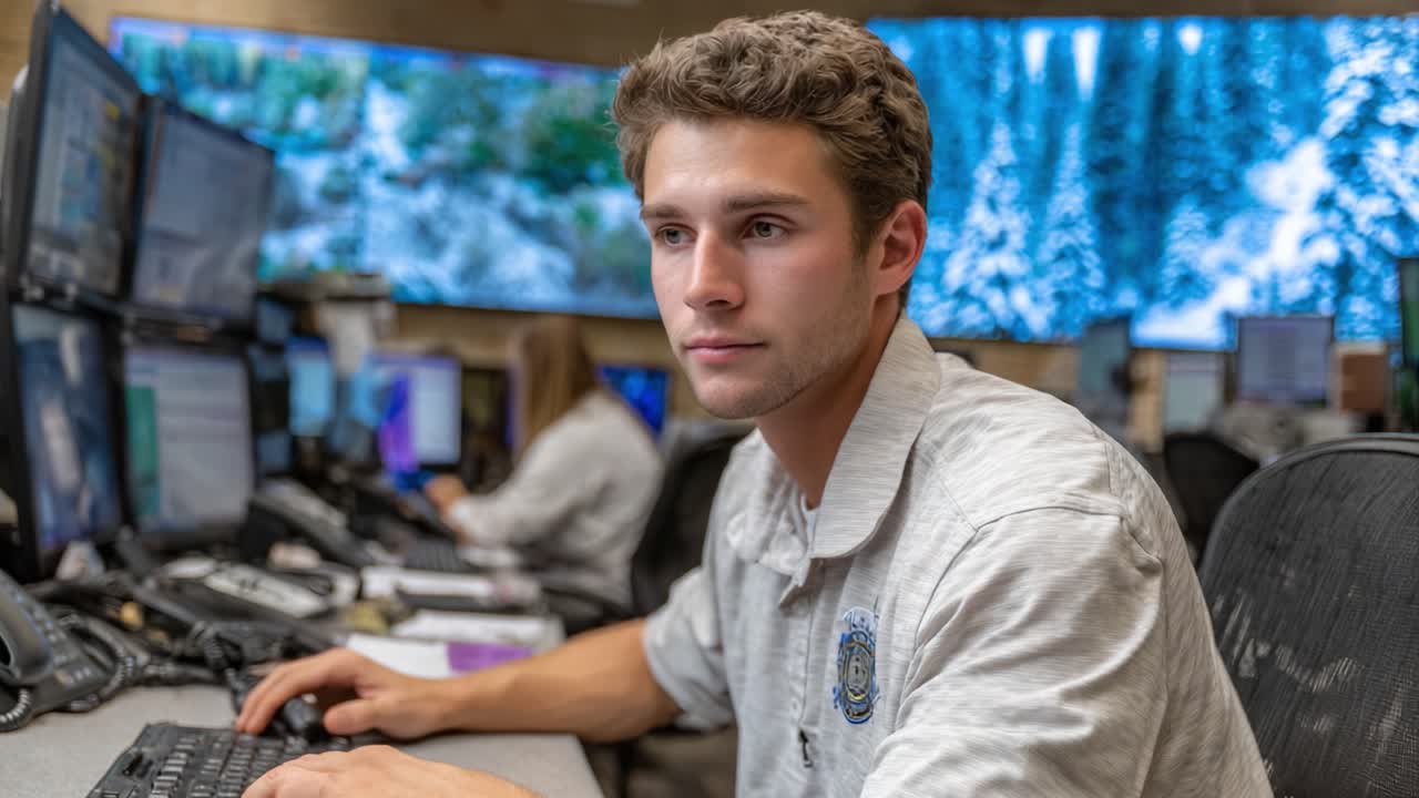Focused Young Professional Engaged in Work at a Modern Control Center Surrounded by Multiple Monitors Displaying Data and Scenic Backgrounds