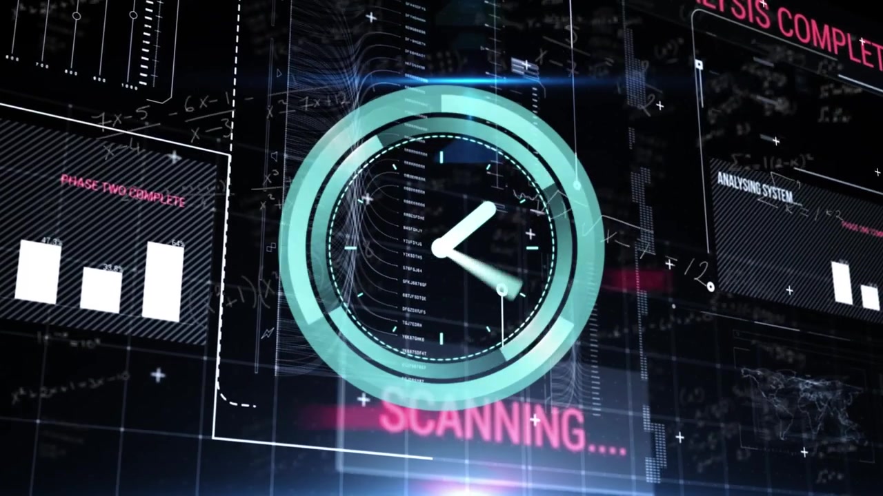 Animation of clock ticking and data processing over screens