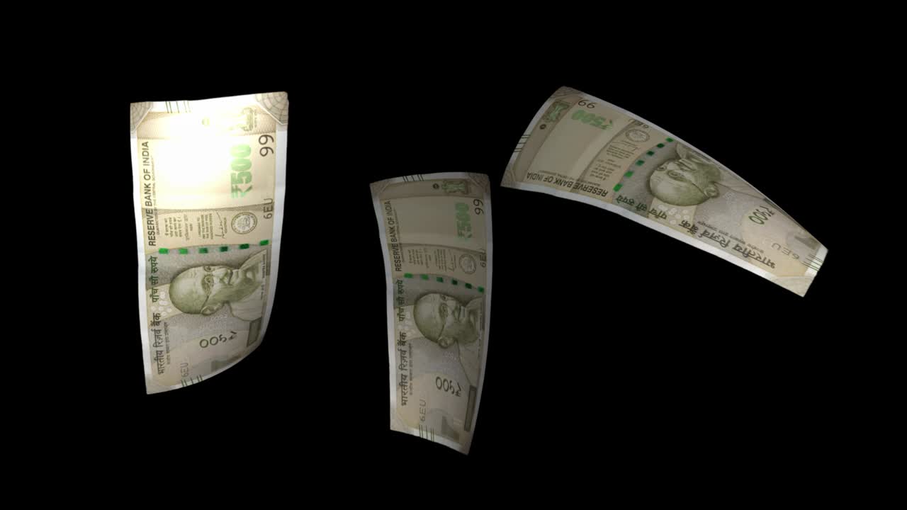Multiple Indian 500 rupee notes spinning in motion, representing finance, economy, wealth, and monetary concepts in a dynamic financial context.