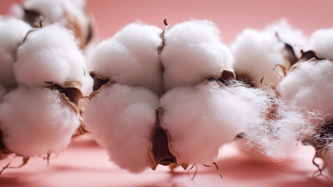 Primo piano di soffici batuffoli di cotone grezzo bianco su rosa