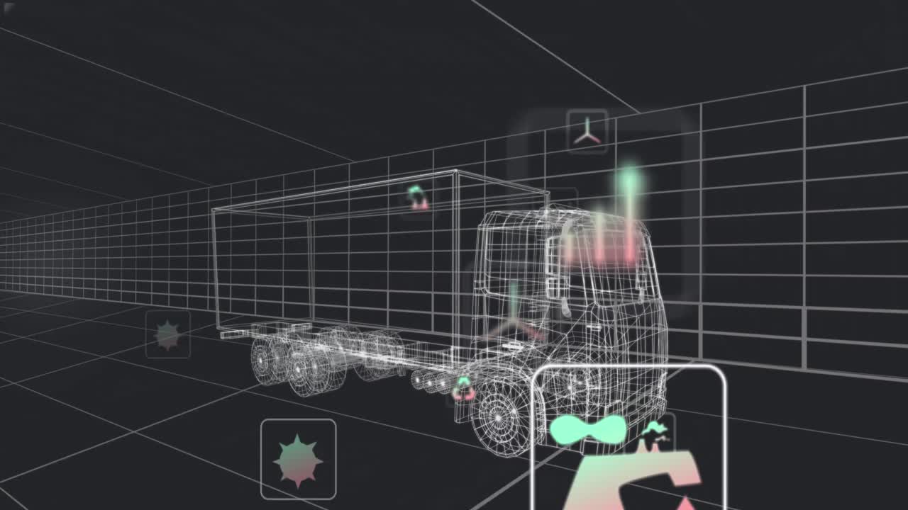 터널에서 원활한 패턴으로 움직이는 3d 트럭 모델 위의 여러 디지털 아이콘의 애니메이션