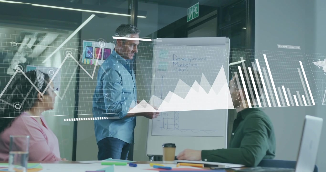 Mature speaker drawing line graph on chart sparking marketing data overlay showing global trend map
