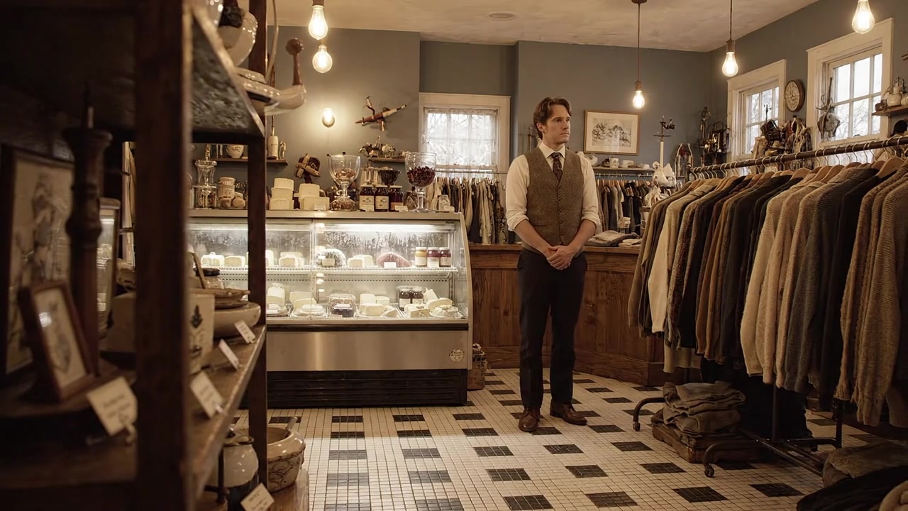 A Charming Boutique Filled with Cozy Clothing and Unique Decor, Featuring a Well-Dressed Attendant in a Warm and Inviting Atmosphere