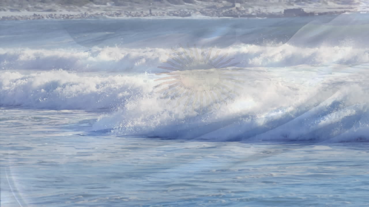 animación de la bandera de argentina soplando sobre la ola en el mar