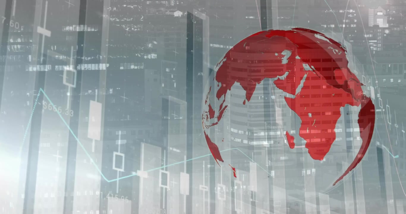 Rotating Red Globe with Financial Data and City Background