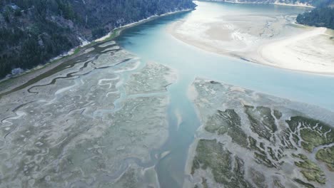 vista de drones de ríos que fluyen a través de terrenos salvajes