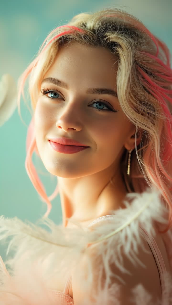 Pembe ve sarı saçlı genç bir kadının büyüleyici portresi
