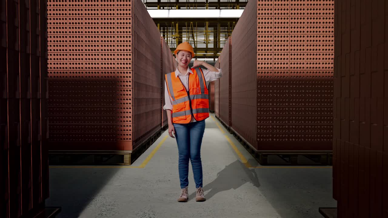 Full Body Of Asian Female Engineer With Safety Helmet Smiling To Camera And Making Call Me Gesture While Standing With Red Brick Packed in Stacks Are Stored
