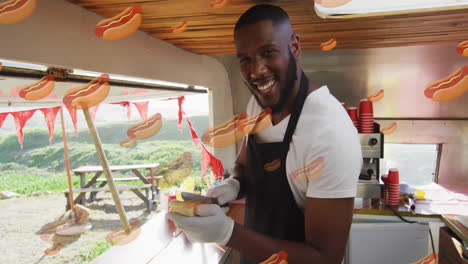 hot dog animation over smiling food vendor in outdoor setting