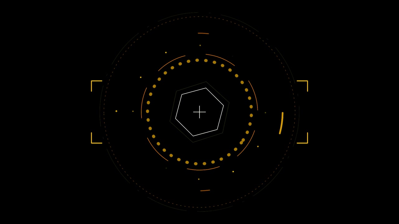 Futuristic Digital HUD Interface with Rotating Hexagon and Circular Elements