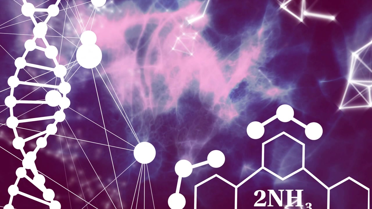 All'avvio, un'elica di DNA stilizzata rimane a sinistra mentre una nebulosa vortica e le molecole formano una struttura 2NH3.