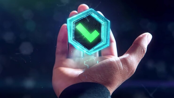 Holographic Checkmark Icon Floating Above Human Hand