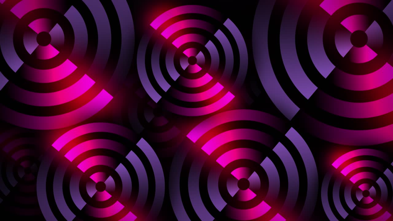 Rotating neon circles form vibrant line work as a target of glowing shapes in dynamic 3D animation illusion pattern on a dark gradient background motion graphics and visual effects colour pink purple