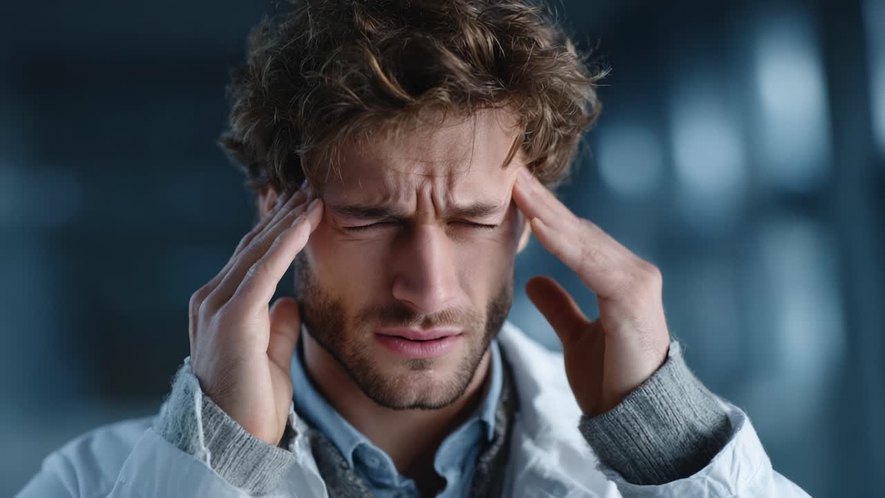 A Man Experiencing Intense Discomfort with a Pained Expression While Holding His Head, Indicating Stress or Mental Strain in a Dimly Lit Setting