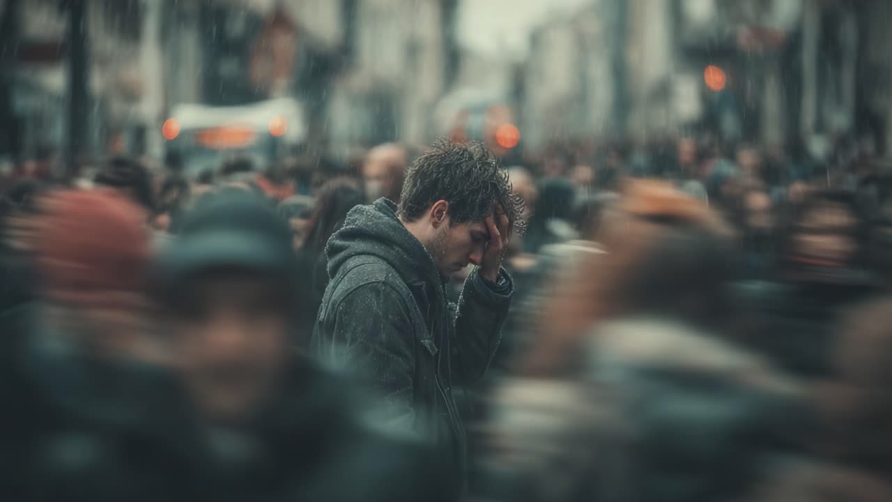 A Moment of Reflection in a Crowded Street: Navigating Emotions Amidst the Hustle and Bustle of Everyday Life