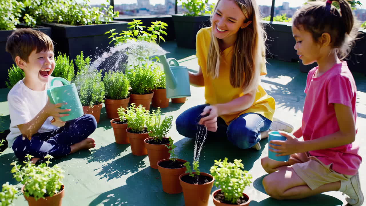 Kids and Mom Planting Herbs on a Rooftop Garden