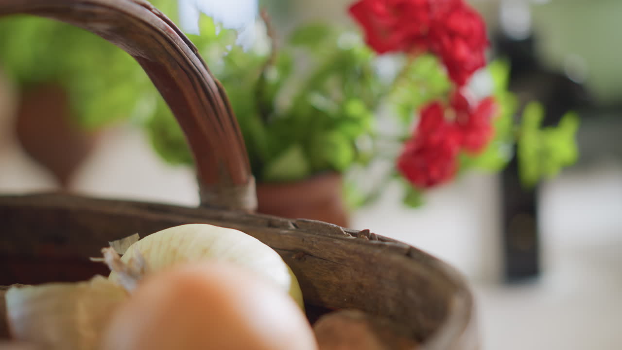 Closeup onion in basket with geranium flowers in background, bright daylight and shallow depth of field, decorative kitchen scene for home cooking and styling with vivid color contrast