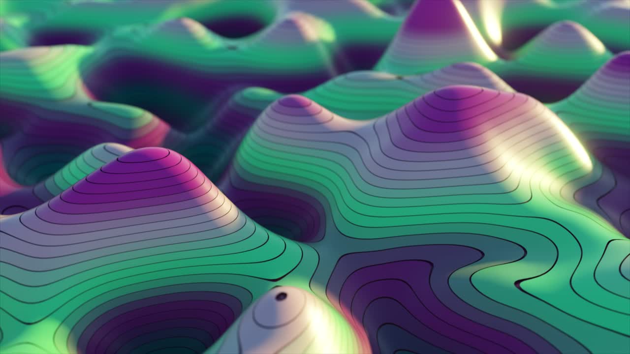 fondo abstracto del concepto de mapa topográfico. rayas del mapa de contorno. valles y montañas. concepto de geografía. telón de fondo ondulado. luz de neón mágica línea de remolino curvo. animación 3d de bucle sin costuras