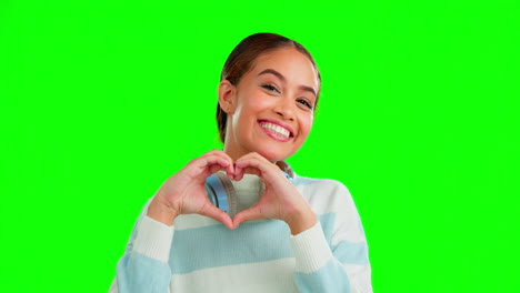 Face,-green-screen-and-woman-with-heart-sign