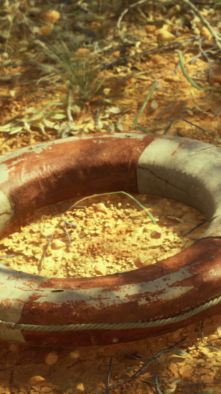 Lifebuoy resting on cracked earth under the warm sun in a quiet oasis