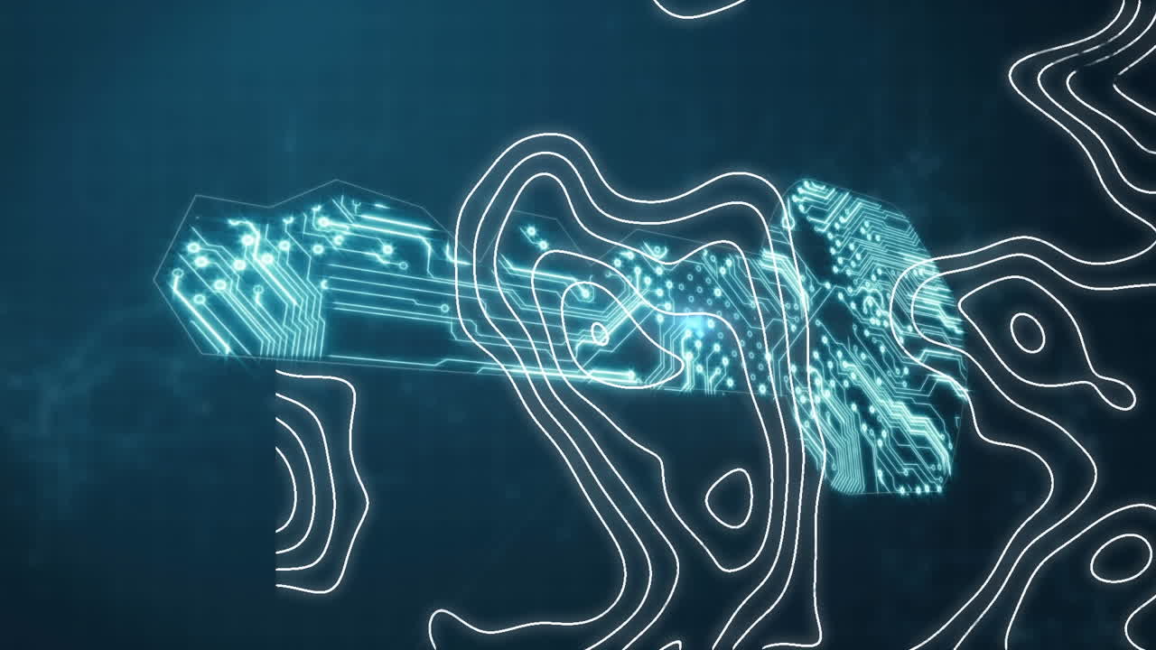 Animation of human brain and circuit board key over white lines moving