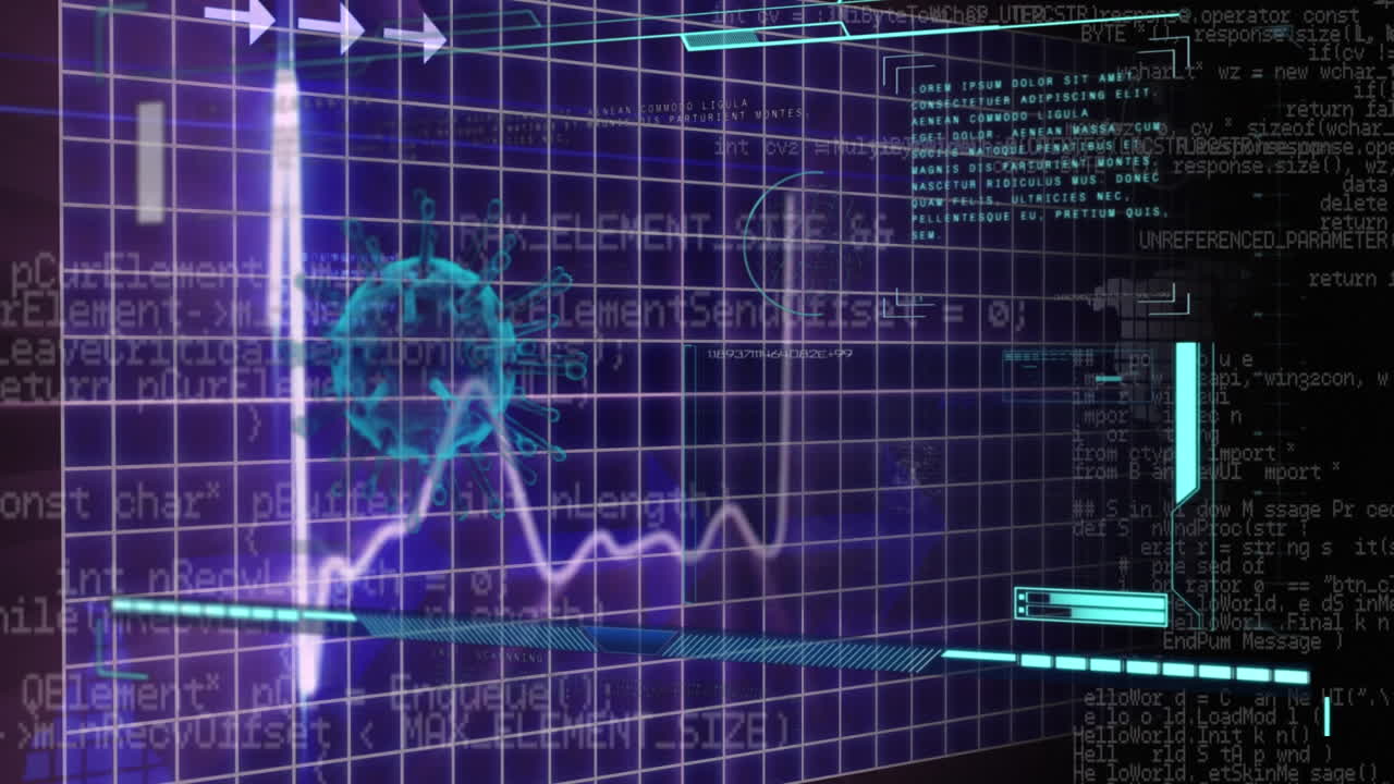 Animation of covid 19 cell, medical data processing over monitor on screen