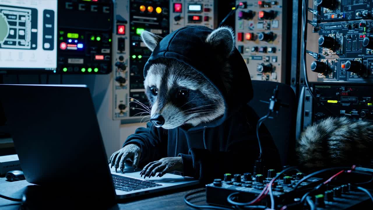 Raccoon in a hoodie uses laptop in a digital control room filled with lights and equipment at nighttime