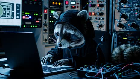 raccoon in a hoodie uses laptop in a digital control room filled with lights and equipment at nighttime