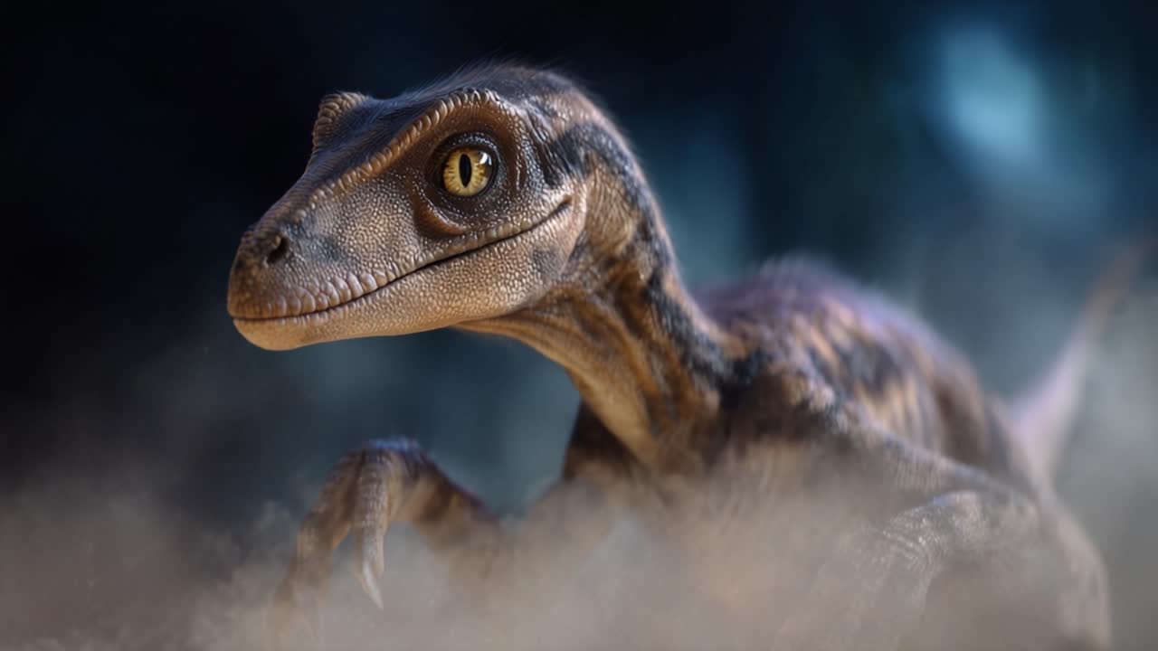 Primo piano mozzafiato di un personaggio dinosauro realistico con dettagli intricati e caratteristiche realistiche, circondato da un ambiente mistico di polvere e ombre.