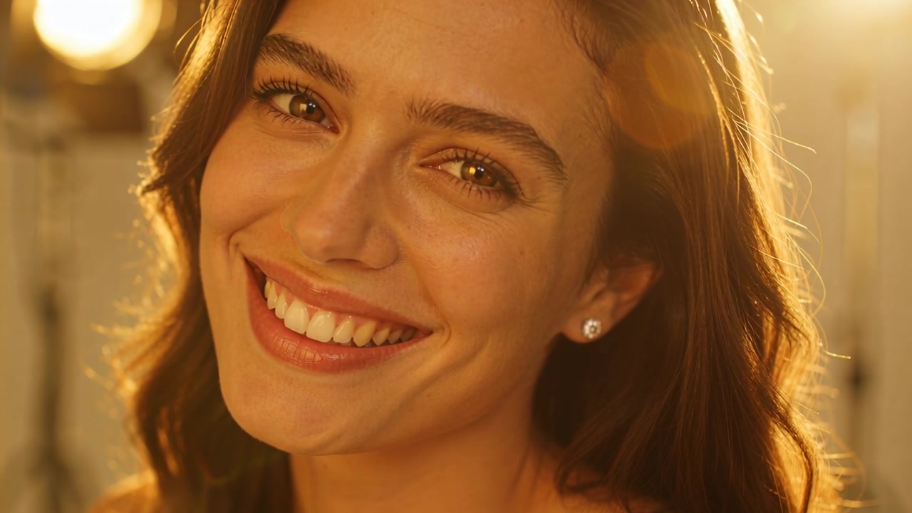Modelo feminina sorrindo, reagindo à deixa do fotógrafo, ampliando o sorriso em estúdio com reflexo e ombros à mostra.