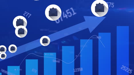 animación de iconos de mensajes, cambios de números en el procesamiento de datos estadísticos sobre fondo azul