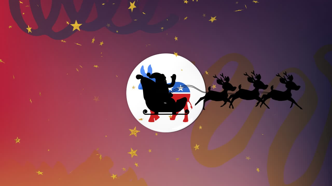 Animazione di stelle dorate su Babbo Natale su una slitta trainata da renne, su sfondo con icona di renna