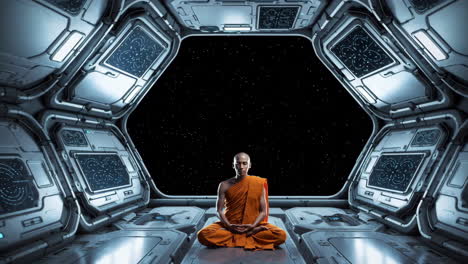 buddhist monk meditating in a futuristic spaceship