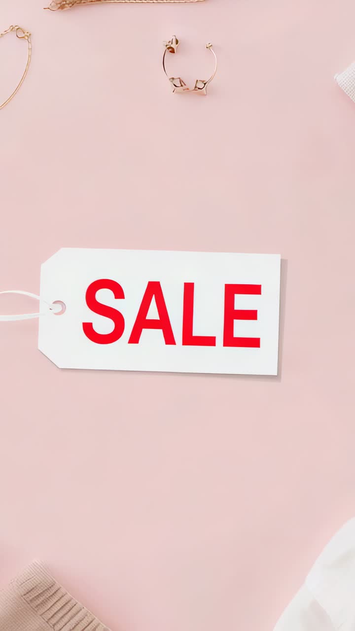 Vertical video: Frame shifts nudging white SALE tag rotating to center on pink with jewelry, comb