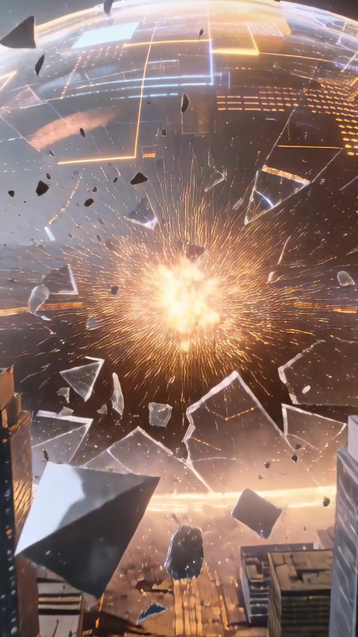 Video verticale: Sfera olografica che scintilla per un'ondata di energia, espellendo schegge sopra i tetti della città e causando un'esplosione infuocata.