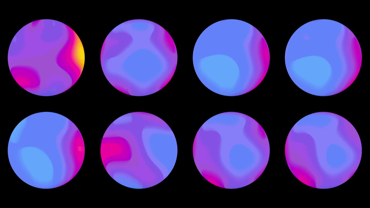 Neon iridescent heat maps moving randomly on eight different planets
