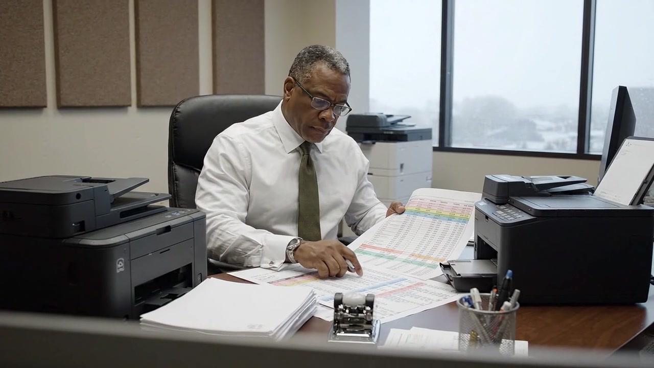 Professionnel concentré examinant des documents dans un environnement de bureau avec une imprimante, un bureau et des dossiers organisés, au sein d'un environnement de travail calme.
