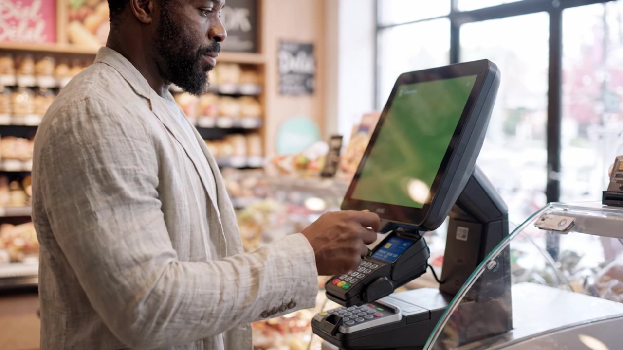 Uomo che effettua un pagamento contactless a una cassa self-service in un supermercato: la tecnologia moderna incontra un'esperienza di acquisto conveniente.