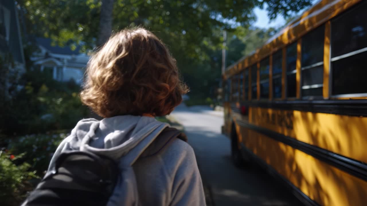 Uno studente si avvicina a uno scuolabus giallo in una mattina luminosa, simboleggiando nuovi inizi e avventure quotidiane in un contesto di quartiere.