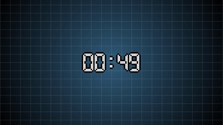 Timer digitale pixelato per conto alla rovescia di un minuto su sfondo a griglia