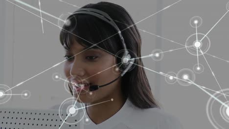 Animation-of-networks-of-connections-over-businesswoman-using-phone-headsets